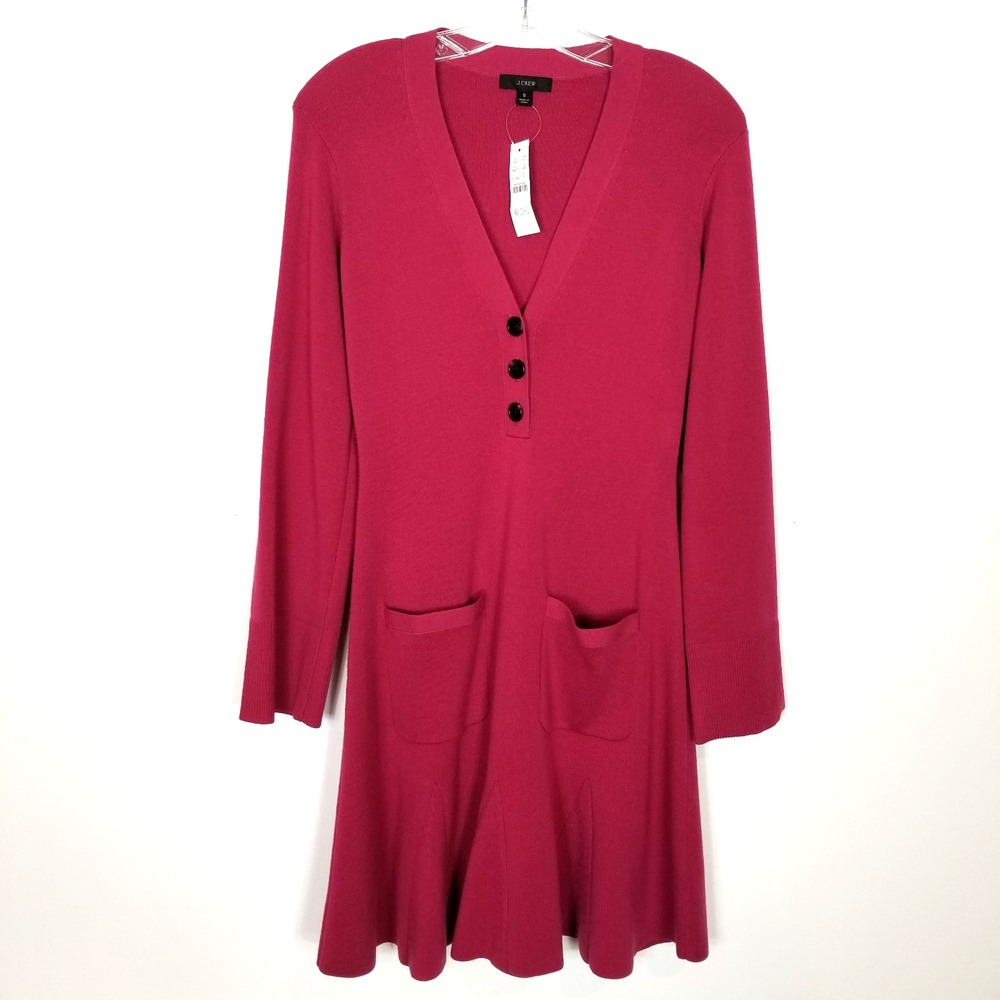 J.Crew Women Merino Wool Sweater‎ Dress Sz S Berry Long Sleeve Fall V Neck